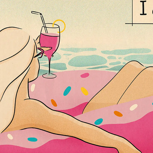 Detail of I Can’t Adult Today poster – woman with sunglasses and pink drink, retro comic wall art