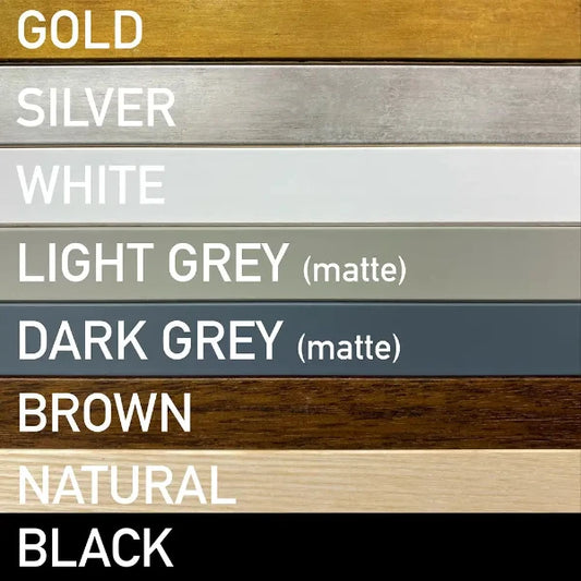 Classic frame color range showcasing eight options: Gold, Silver, White, Light Grey (matte), Dark Grey (matte), Brown, Natural, and Black. Ideal for customizing and enhancing vintage travel posters.