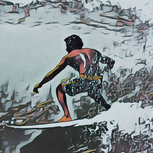 Close-up detail of the Arugam Bay surf poster showing the surfer silhouette, hand-painted textures and visible halftone grain.