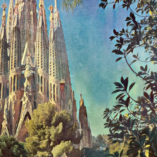 Sagrada Familia Barcelona poster detail featuring basilica towers framed by tree branches in vintage halftone style