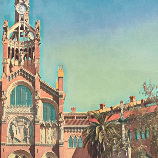 Sant Pau Barcelona poster detail showing modernist facade with clock tower and sculptural elements in vintage halftone style