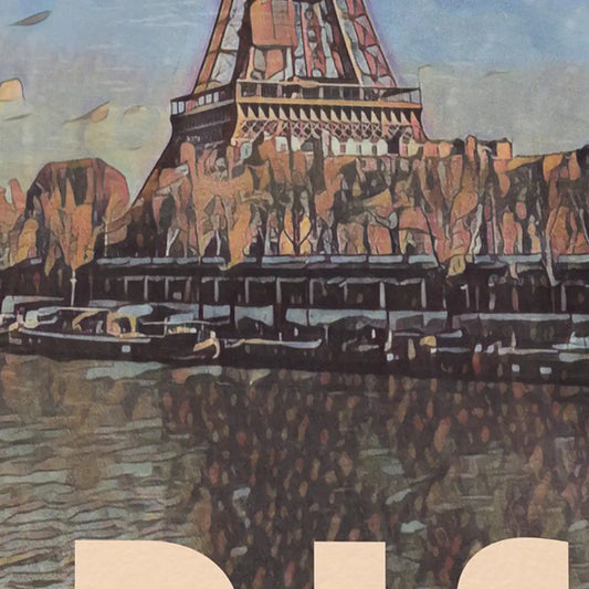 Close-up of the Eiffel Tower and reflections on the river in the Paris collector poster