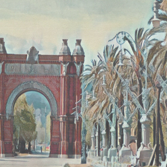 Close-up of Alecse’s Barcelona Arch poster highlighting the red brick arch and surrounding palm trees.