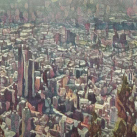 Close-up detail of Bogota travel poster showing watercolor effect and halftone texture on city buildings and clouds