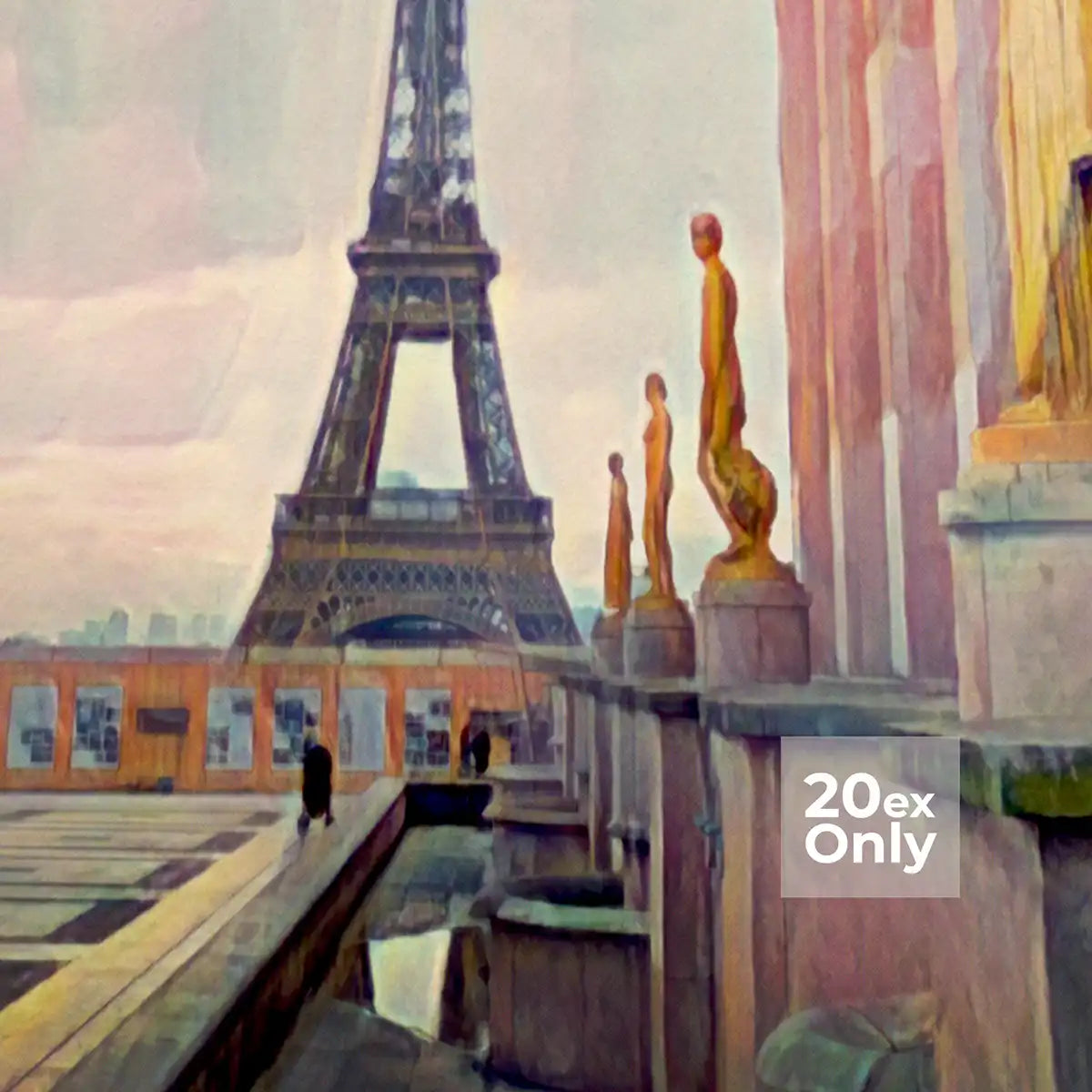 Close-up of Alecse’s Paris poster showing golden statues and vintage halftone texture.