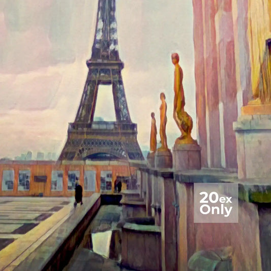 Close-up of Alecse’s Paris poster showing golden statues and vintage halftone texture.