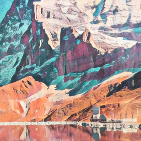 Close-up detail of the Eiger Switzerland poster showing the mountain textures and soft watercolor halftone effect with subtle blur