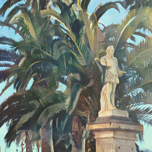 Close-up of El Greco statue detail and palm trees from Alecse’s Sitges travel poster