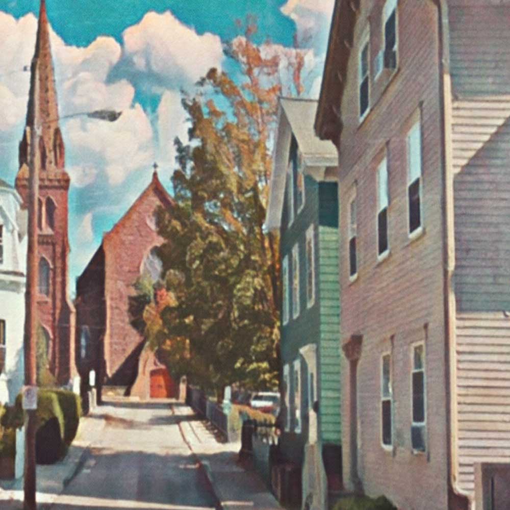 Close-up of Newport Rhode Island poster featuring Fair Street, emphasizing Alecse’s soft focus style and detailed color work