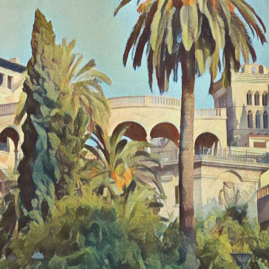 Zoom on Mediterranean palm trees and historic arches along Passeig de la Reina in Palma