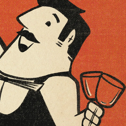 Close-up of the La Cantina Sangrias poster showing the smiling waiter illustration with halftone texture and vintage print effect.