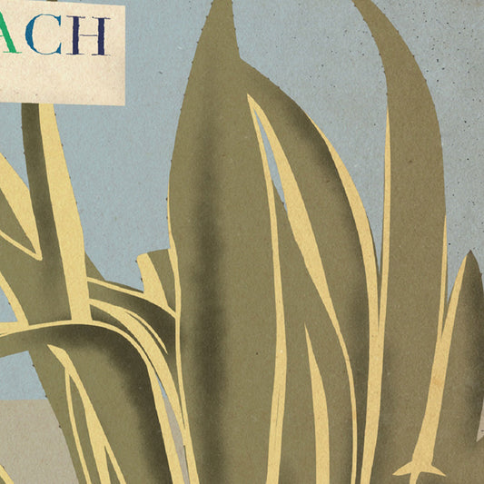 Detailed view of the L’Home Mort poster, highlighting the vintage-inspired textures, the Gay Beach 1930 sign, and the Nopal cactus.