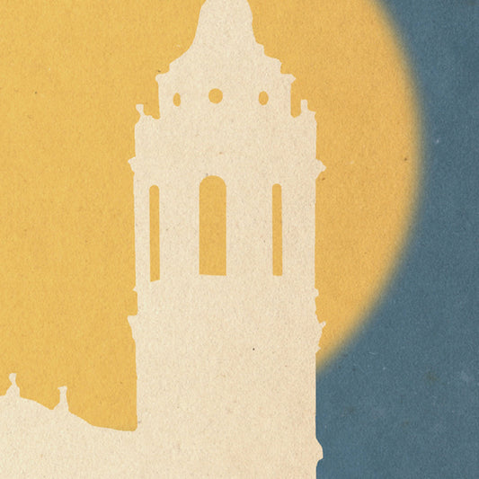 Detailed view of the El Sol poster, showcasing the soft textures, bold silhouette, and rich Mediterranean hues.