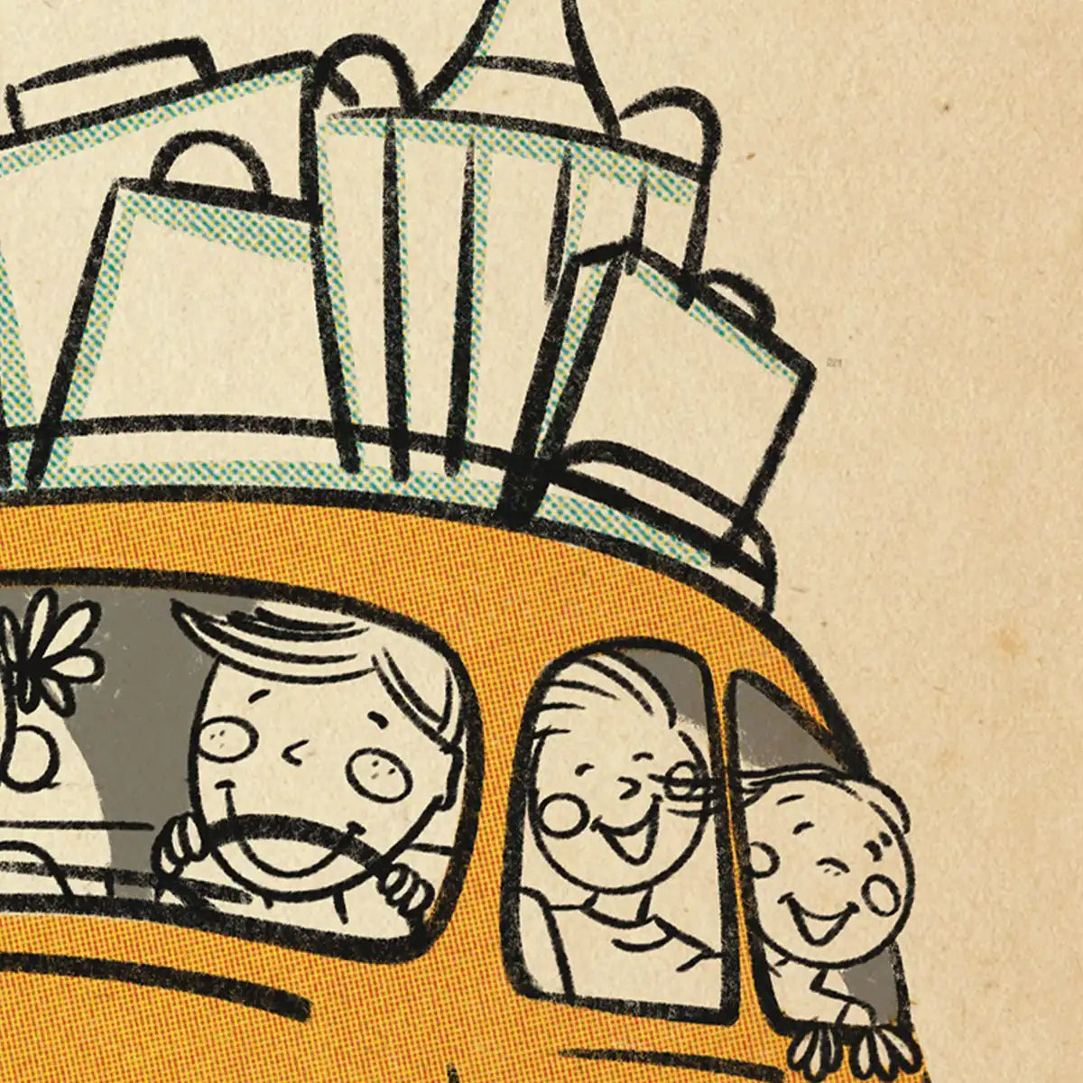 Close-up of smiling faces and halftone texture on "Spanish Holiday" limited edition poster by Cha