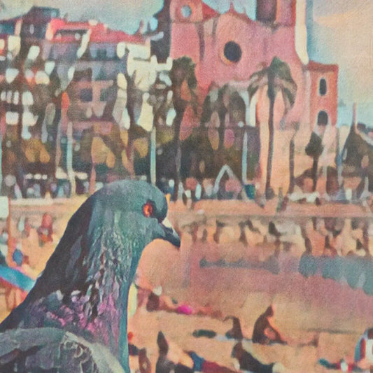 Close-up detail of the Sitges Pigeon poster showing the one-legged pigeon, La Fragata beach and the church of Sant Bartomeu i Santa Tecla