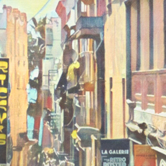 Close-up of Alecse’s Sant Pau Sitges poster showing the façades, “Riccys” sign, and halftone vintage effect.