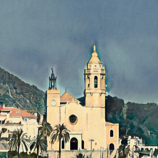 Detail of Sitges Summer poster showing Sant Bartomeu church in Alecse’s retro travel art style