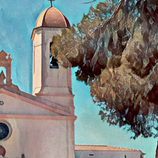 Close-up of Alecse’s Vinyet Sitges poster showing the church façade and bell tower in vintage halftone style.