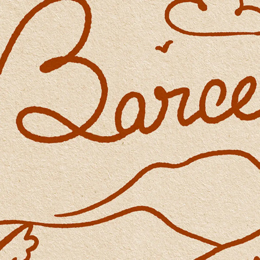 Close up of Montjuïc Barcelona travel poster featuring cable cars, Sagrada Família and hand drawn Mediterranean details