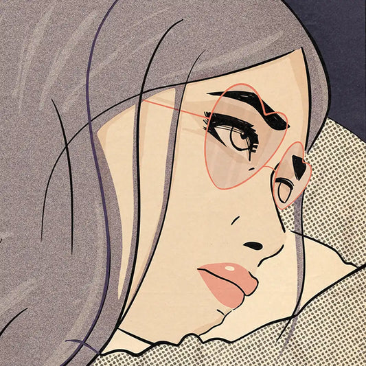 Close-up of “Cute” pop art poster by Cha from Soft Pop Studio™, showing dramatic girl with heart-shaped glasses in retro comic style