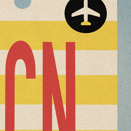 Close-up of El Mundo Barcelona retro poster showing BCN typography airport icon and vintage textured color palette