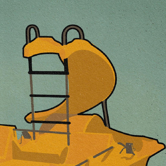 Detailed view of the La Chalupa poster, showcasing the bold yellow pedal boat, seafoam background, and minimalist design.