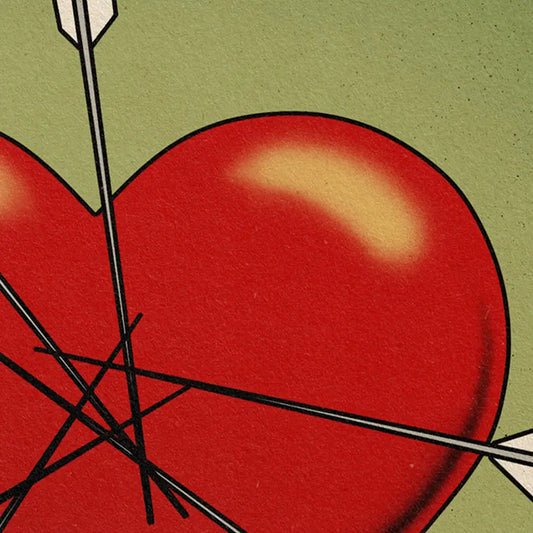 Close-up of Las Jaras Lotería poster by Cha showing a red heart pierced by multiple arrows, with soft gradients and vintage-inspired texture