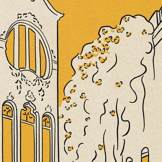 Detail of Sitges Cuba Street poster showing Art Nouveau curves decorative windows and flowering Mediterranean façade illustration