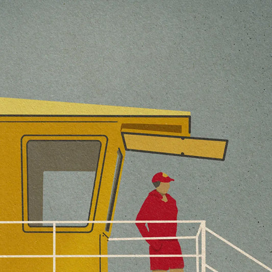 Close-up of El Valiente poster from the Lotería Sitgetana series by Cha, showing the lifeguard standing on a yellow tower with a red uniform and flag against a soft blue sky, with clean shapes and flat color illustration