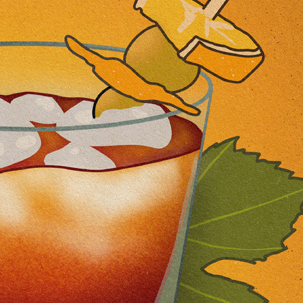 Detailed view of the El Vermut poster, showcasing the deep amber hues, ice cubes, and refreshing garnish.