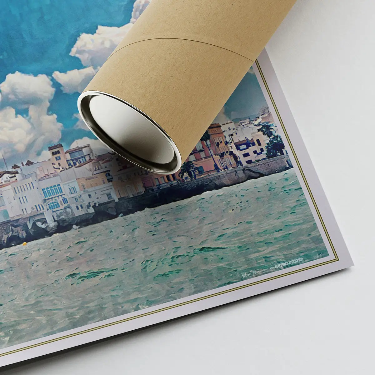 Sitges Sailing poster corner with artist signature and eco-friendly shipping tube, fine art print detail