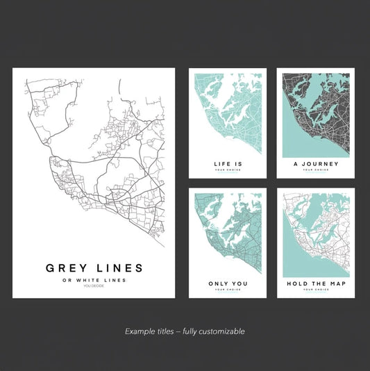 Custom map poster examples showing grey or white line styles, different color palettes and sample titles, all fully customizable