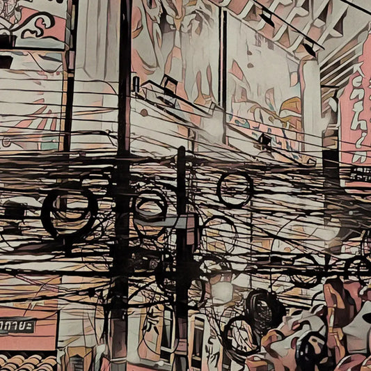 Detailed close-up of Alecse's 'City of Life' Bangkok poster, highlighting the artwork's soft focus style and urban detail