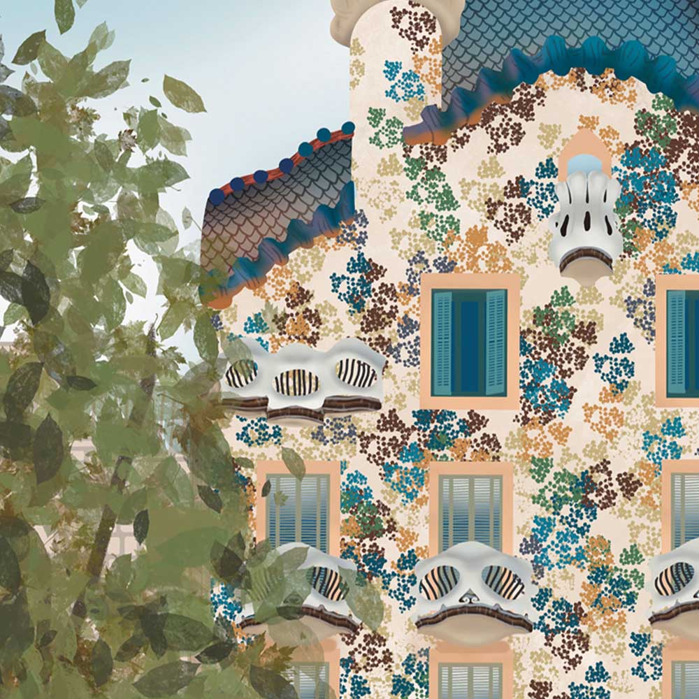 Close-up of Barcelona Batlló vintage wall art print, showcasing the intricate mosaic patterns and sculptural balconies of Casa Batlló.