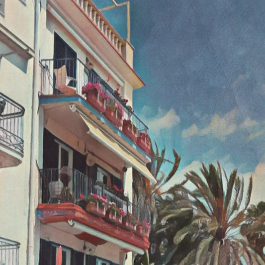 Detail of Port Alegre Sitges poster by Alecse showing colourful balconies, palm trees and textured halftone finish.