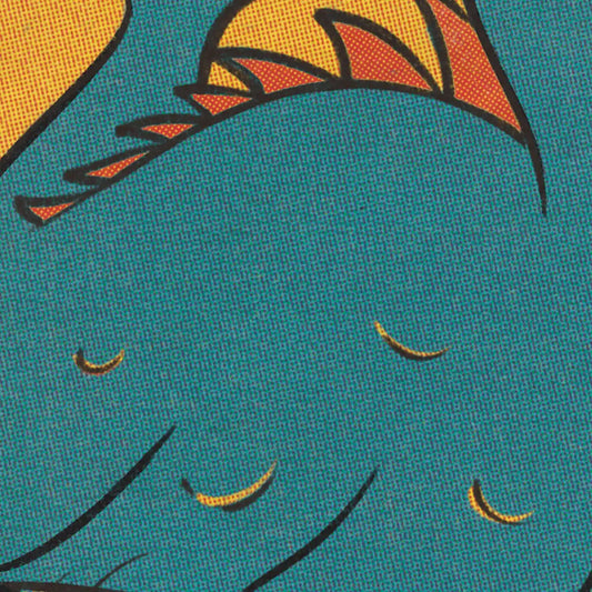 Detail of the dragon on the Festa Major Sitges poster by Cha, with halftone texture and vibrant teal and orange colors