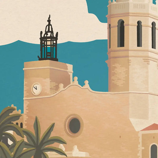 Close-up of Sitges Church’s towers and sky in retro palette with halftone effect – art print by Cha