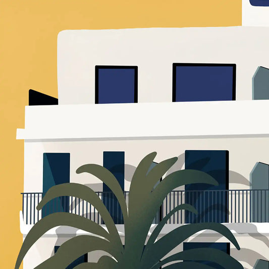 Close-up of the Subur Hotel travel poster by Cha, showing halftone effect and vintage style with geometric shadows.