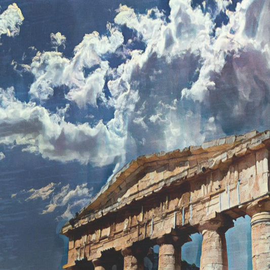 Close-up detail of the Segesta Temple’s columns and clouds, highlighting the vintage texture of the artwork