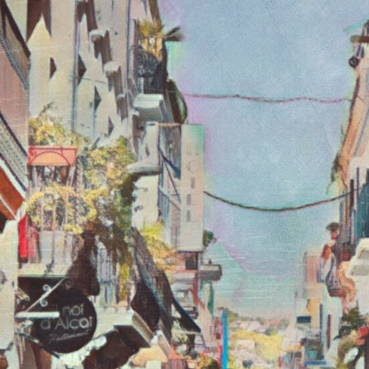 Close-up of Alecse’s Sant Bartomeu Sitges poster showing shop signs, balconies, and textures of the Mediterranean street.