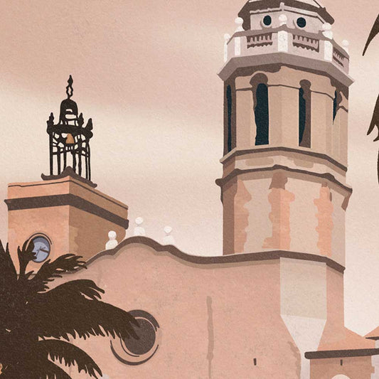 Close-up of Sitges Rose vintage wall art print, showcasing fine details and soft pink color palette inspired by Sitges, Spain