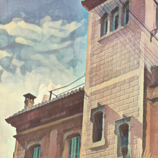 Close-up of Alecse’s Royal Rooms Sitges poster showing the tower and pastel façades in vintage halftone texture.
