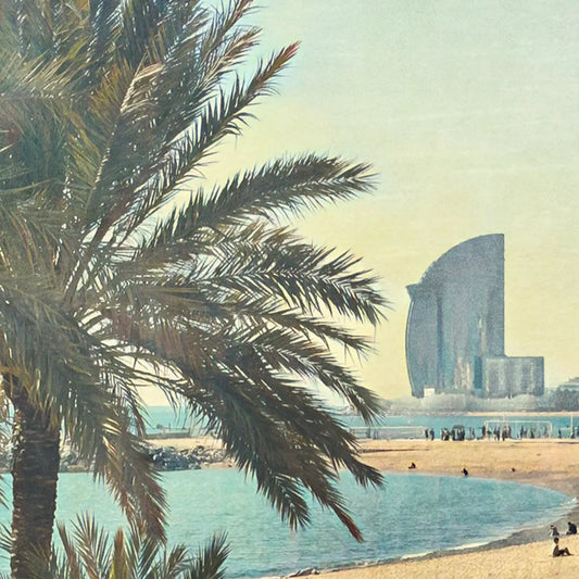 Barceloneta Beach poster detail with palm tree and W Hotel Barcelona in soft vintage halftone texture