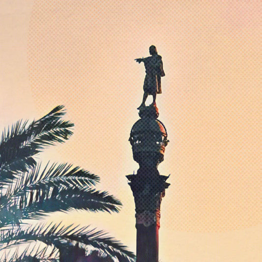 Barcelona Columbus Monument poster detail showing statue of Christopher Columbus pointing toward the sea, sunset tones with halftone texture