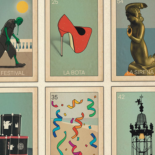 Close-up of Loteria Sitgetana Verano 25 poster, showing detailed illustrations of the Sitges-themed Loteria cards including La Bota, La Sirena, and El Festival