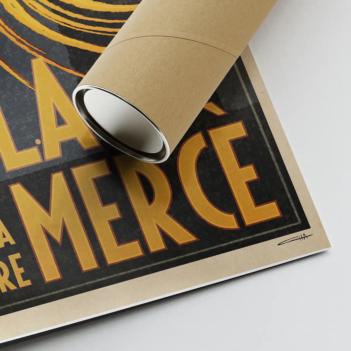 Corner of La Mercè poster with Cha’s signature and an eco-friendly tube for transportation.
