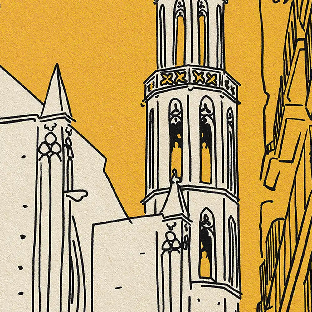 Close-up of Santa Maria del Mar Barcelona poster in retro line art style, yellow background, limited edition travel art print