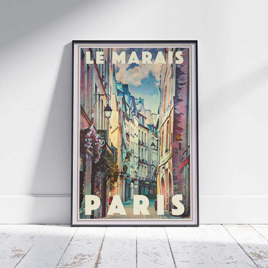 Le Marais Paris Travel Poster in frame - Exclusive Limited Edition Art on White Wooden Floor