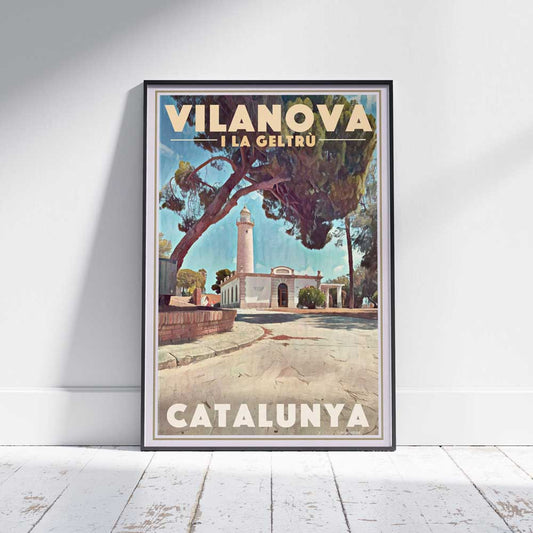 Vilanova i la Geltru Poster - 'Lighthouse Serenity' by Alecse™ in a framed display on white wood floor.