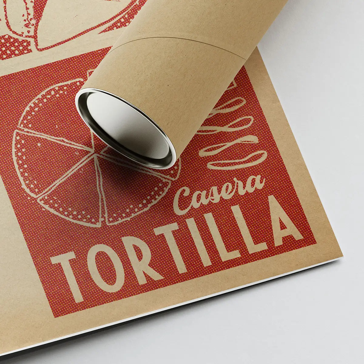 Spanish tapas poster corner detail with eco-friendly shipping tube, showing tortilla illustration and retro Spanish menu typography